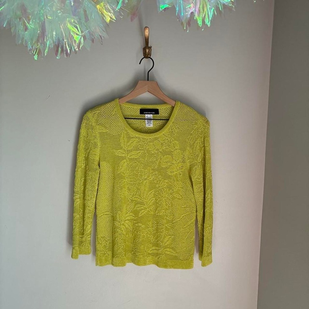 Y2K Chartreuse Floral Crochet Knit Long Sleeve Top M